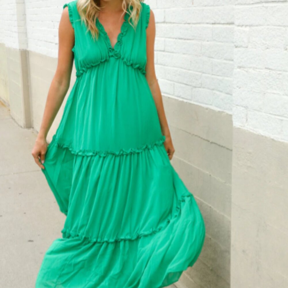 Green Sleeveless V Neck Frill Ruffle Tiered Lined Maxi Dress